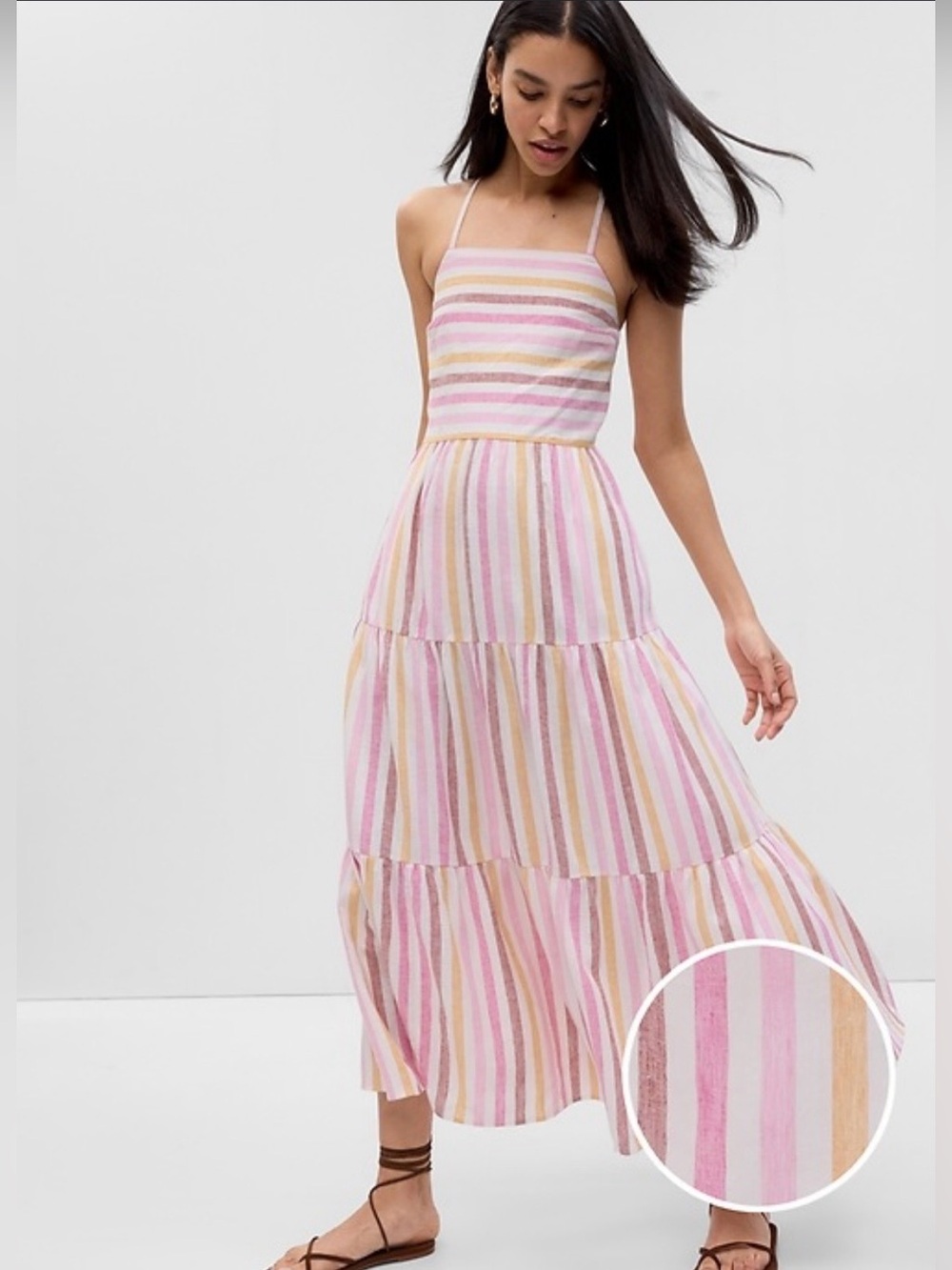 NWOT GAP Linen Blend Striped Tiered Maxi Dress M Pink Smocked Tie Back Pockets
